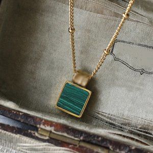 NEW 18K Gold Plated Square Malachite Necklace